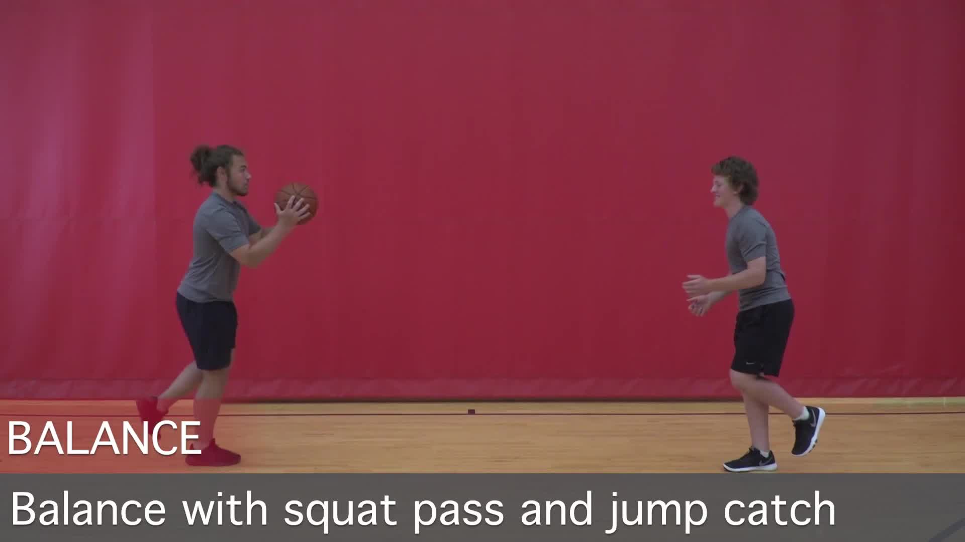 Single-leg balance with squat pass and jump catch